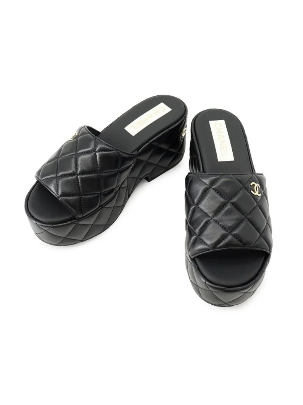 Chanel Sandals CC Logo Quilted Wedge Sole Lambskin 38c Shoes Black